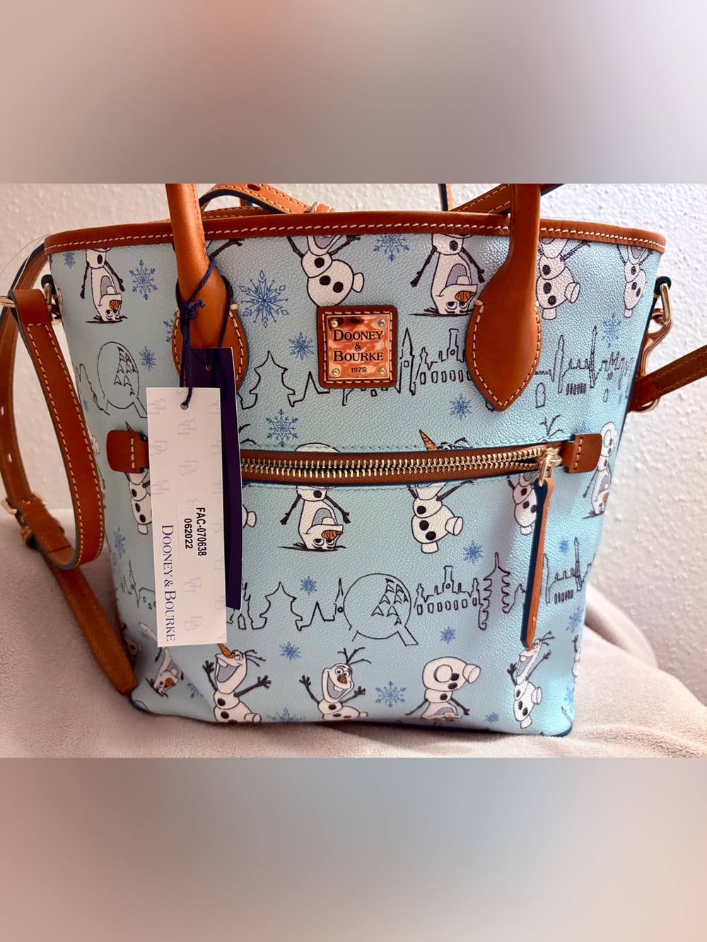Dooney & Bourke Light Blue Olaf Print Crossbody Tote with Tan Trim